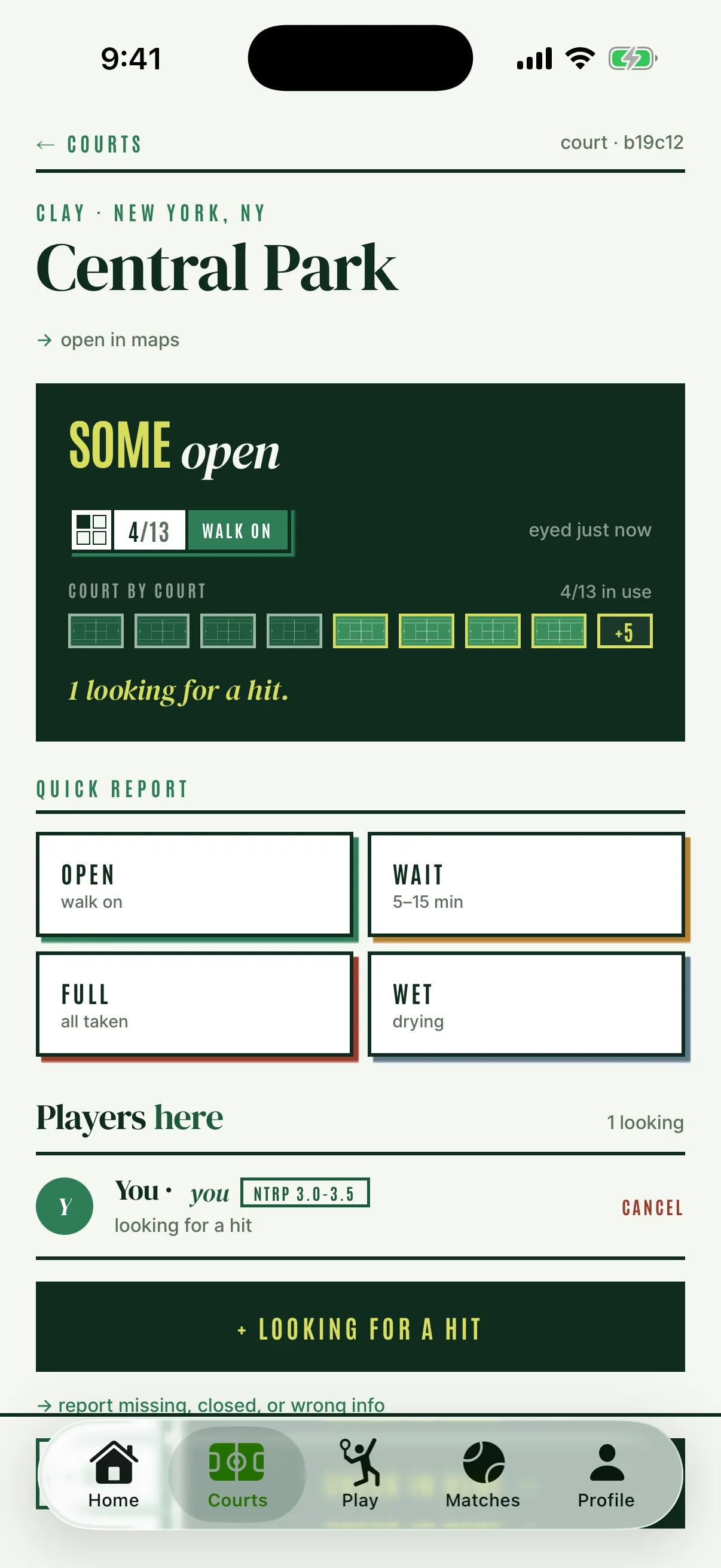 Courted court detail — live court-by-court status board at Central Park