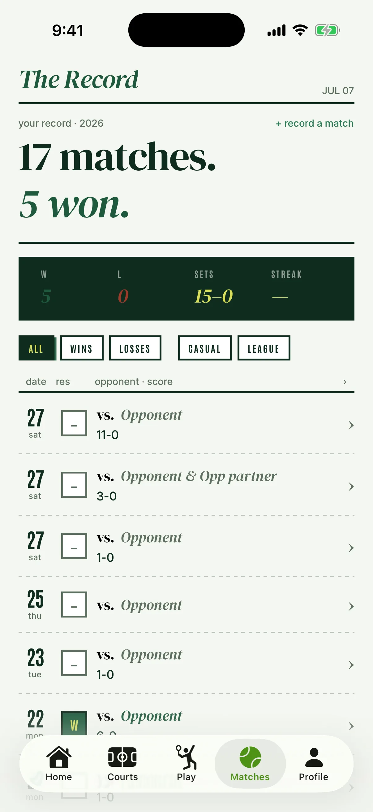 Courted match record — full match history with win-loss stats