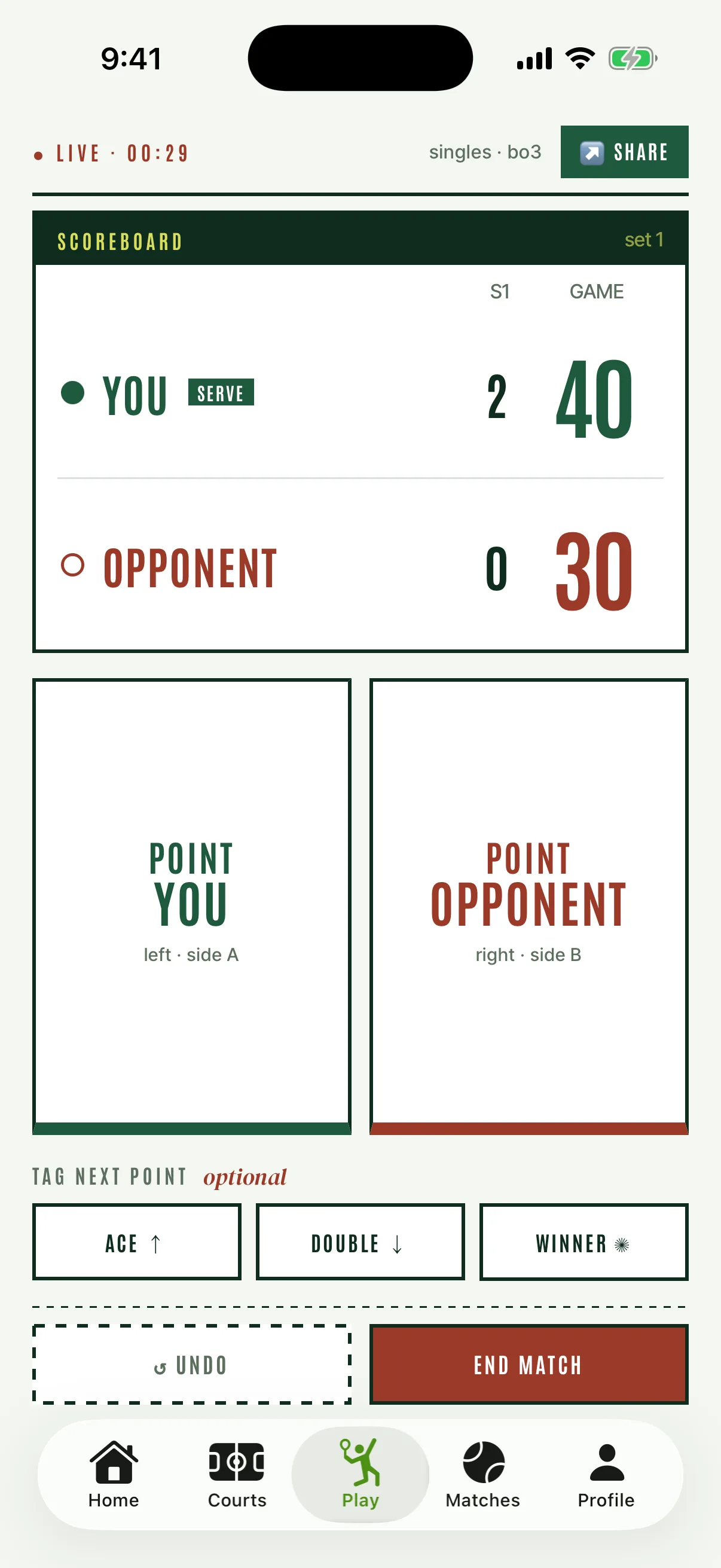 Courted live tennis scoring with point buttons