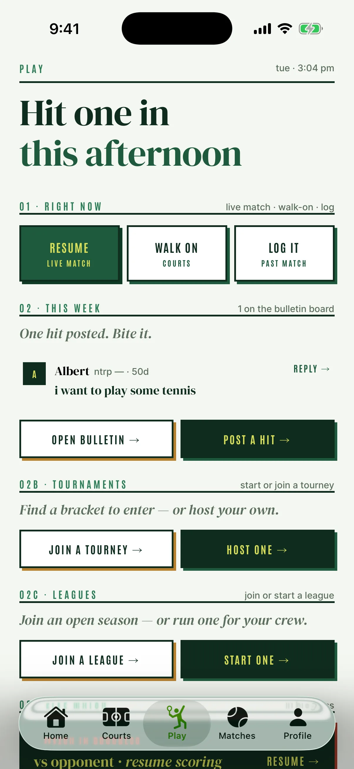 Courted Play tab — bulletin, tournaments, and leagues