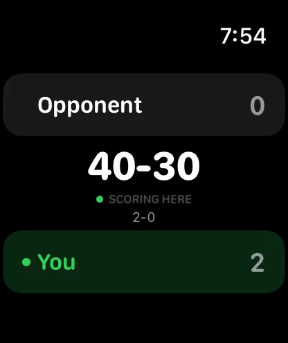 Courted on Apple Watch scoring a live match from the wrist — 40-30